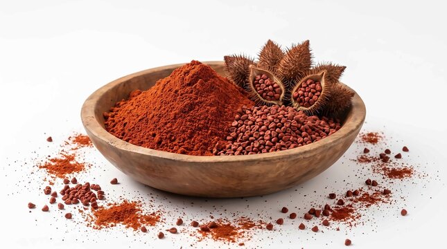 Vibrant annatto powder and raw seeds inside a rustic wooden bowl on a white background