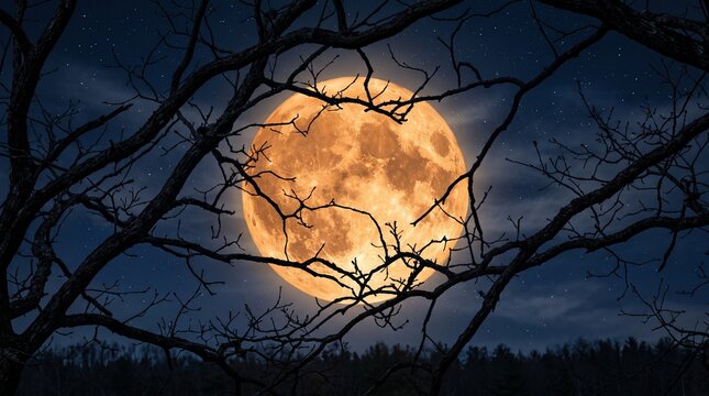 Halloween night spooky full moon behind bare tree branches