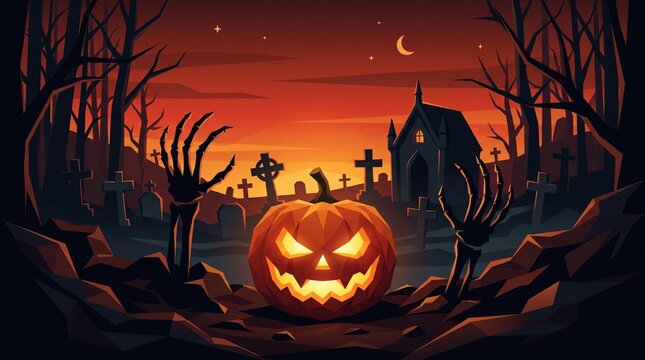 Spooky halloween scene jack o' lantern skeleton hands and haunted cemetery