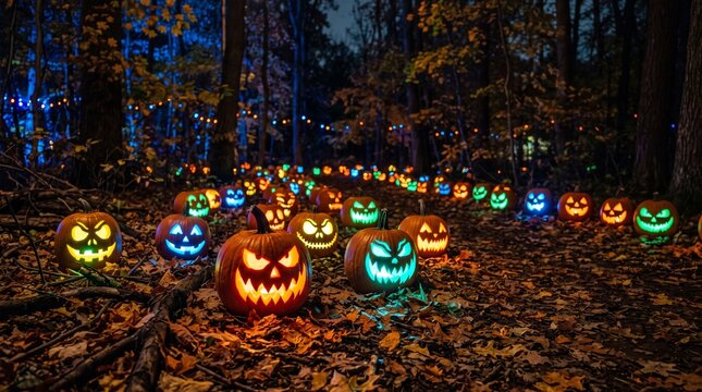 Halloween jack o' lantern trail illuminated pumpkins in autumn forest at dusk