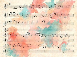 Obraz premium Watercolor music background with vintage sheet music and colorful abstract paint splashes artistic composition for creative design invitations posters and musical themes