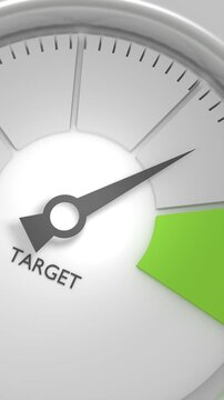 Abstract measuring device. Arrow points to Target green sector of scale. Planning, performance, and business goals concept.