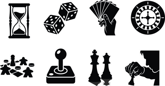 Board game and gambling icon set featuring chess, dice, cards, joystick, and roulette wheel vectors