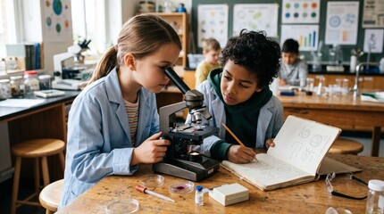 Fototapeta premium Diverse elementary school students in lab coats conduct science experiment with microscope and notebook