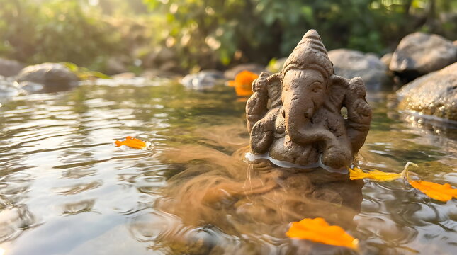 Clay Ganesha Idol Dissolving in Water During Ritual Immersion
