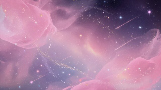Dreamlike cosmic scene featuring soft pink gaseous nebula clouds intertwined with golden stardust sparkling star clusters and streaks of light representing falling comets in deep space across cos