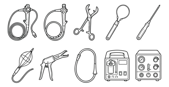 Medical endoscopy equipment icons, surgical gastroenterology tools set of 10 vector line art, professional hospital diagnostic devices and laparoscopy instruments