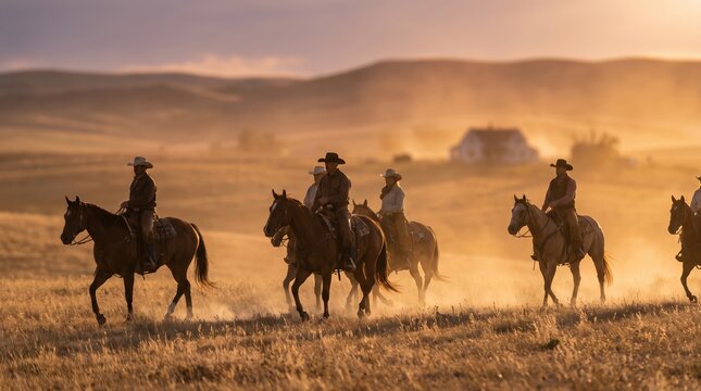 Western riders trotting through golden light