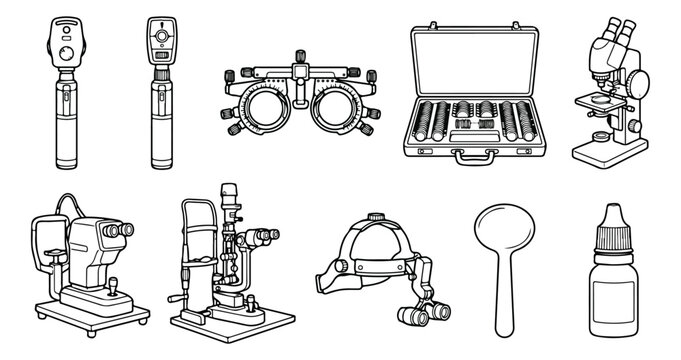 Ophthalmology medical equipment icons, professional optometry eye exam tools vector set, ophthalmologist diagnostic instruments in line art style