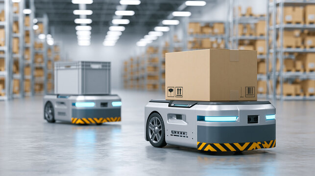 Multiple autonomous mobile robots transporting cargo in smart warehouse
