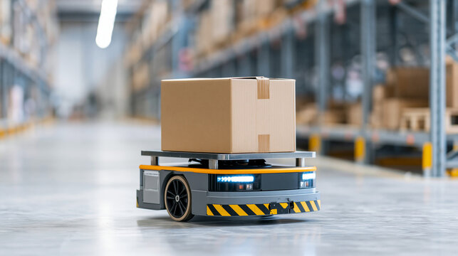 Autonomous warehouse robot carrying cardboard box in clean fulfillment center