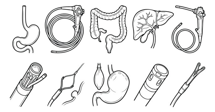 Endoscopy medical icons set, gastroenterology equipment and digestive system organs vector, colonoscopy and gastroscopy procedure line art illustrations