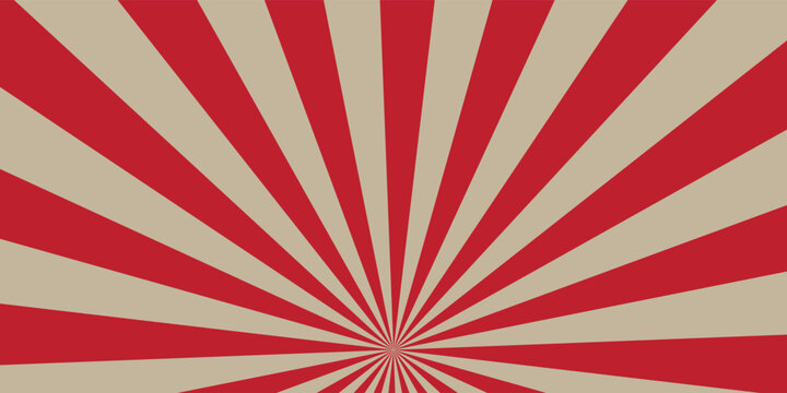 Retro comic book background with red and beige sunburst rays. Vintage circus radial stripe pattern design vector illustration graphic asset.