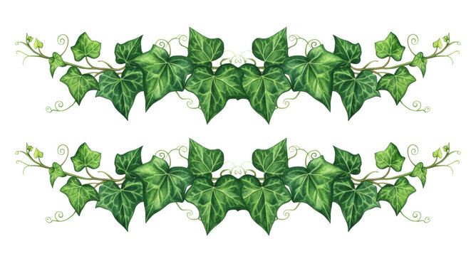 High-key watercolor illustration of two symmetric emerald ivy (hedera helix) garlands with heart-shaped leaves, showing granulation texture against a transparent background. Concept for aesthetic