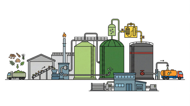 Modern biogas plant facility with storage tanks and processing equipment for renewable energy production.