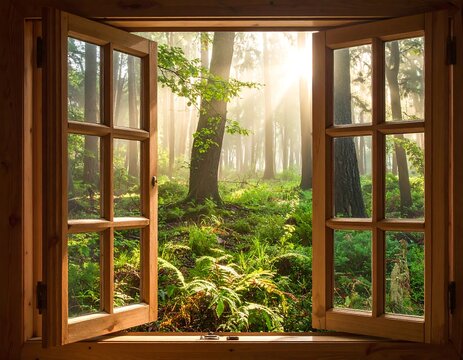 View through open window into sunlit forest