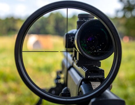 View through rifle scope on a distant target