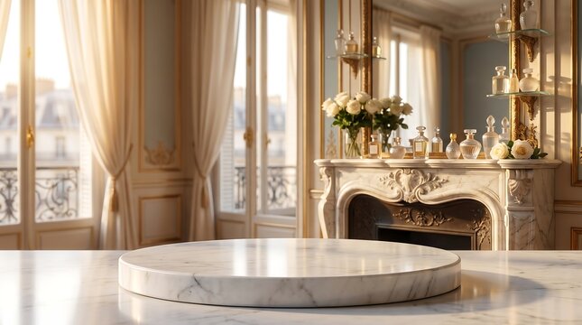 Luxury White Marble Podium for Cosmetic Product Display in Elegant French Room with Fireplace and Window Background