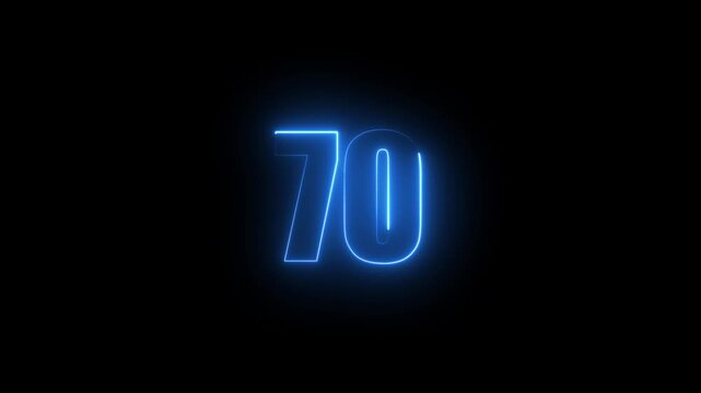Abstract glowing neon text 70 number countdown icon. Glowing sign on black background Neon number 70 with alpha channel, simple blue neon color. Seamless loop style animation
