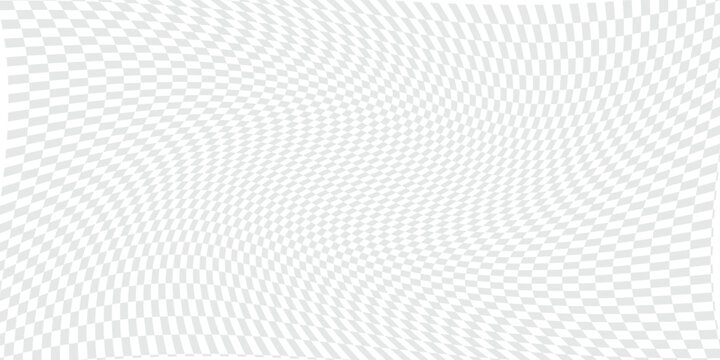 Abstract gray and white checkerboard background with wavy distorted perspective. Modern optical illusion checkered pattern vector illustration asset.