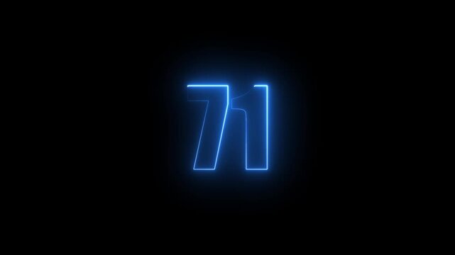 Abstract glowing neon text 71 number countdown icon. Glowing sign on black background Neon number 71 with alpha channel, simple blue neon color. Seamless loop style animation