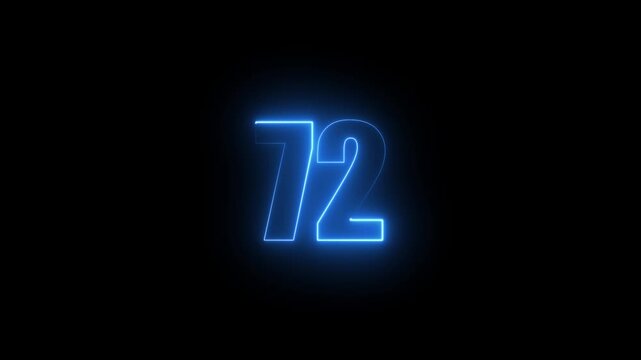Abstract glowing neon text 72 number countdown icon. Glowing sign on black background Neon number 72 with alpha channel, simple blue neon color. Seamless loop style animation