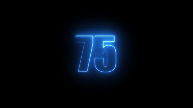 Abstract glowing neon text 75 number countdown icon. Glowing sign on black background Neon number 75 with alpha channel, simple blue neon color. Seamless loop style animation