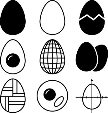 Collection of nine egg-themed icons showcasing different designs including cracked whole geometric patterns and fried eggs with Cartesian grid.