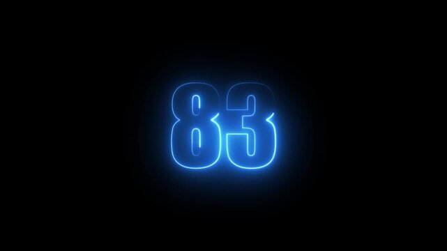 Abstract glowing neon text 83 number countdown icon. Glowing sign on black background Neon number 83 with alpha channel, simple blue neon color. Seamless loop style animation