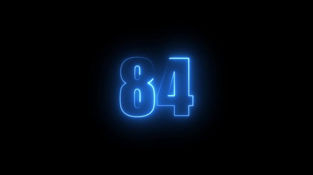 Abstract glowing neon text 84 number countdown icon. Glowing sign on black background Neon number 84 with alpha channel, simple blue neon color. Seamless loop style animation