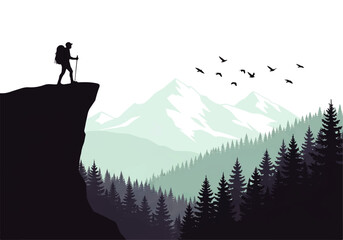 Fototapeta premium Vector flat design illustration of a lone hiker standing on a cliff edge overlooking a vast mountain landscape