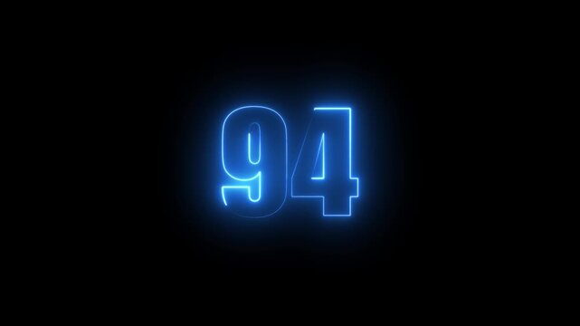 Abstract glowing neon text 94 number countdown icon. Glowing sign on black background Neon number 94 with alpha channel, simple blue neon color. Seamless loop style animation