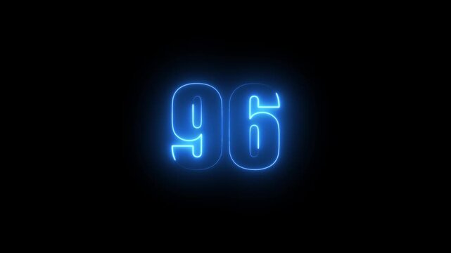 Abstract glowing neon text 96 number countdown icon. Glowing sign on black background Neon number 96 with alpha channel, simple blue neon color. Seamless loop style animation