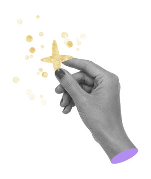 Hand holding magical golden star with fairy dust in whimsical hand drawn collage style isolated on transparent background. Concept of magic, wishes, imagination, wonder, and fantasy