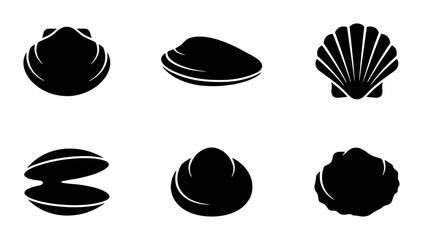 Black Seashell Icons, Marine Mollusk Silhouettes, Ocean Life Vector Graphics Set © MdRakib
