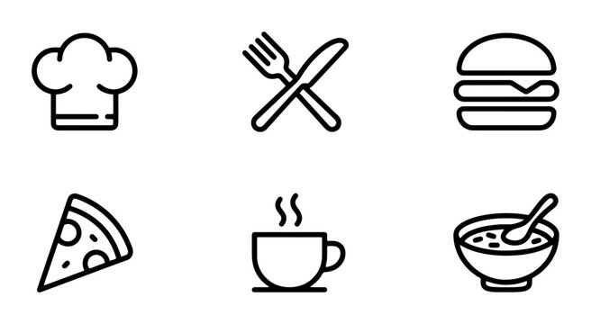 Food Icons Set, Restaurant Symbols, Culinary Graphics, Simple Outline Vector Collection