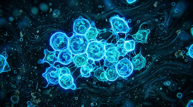 Abstract Microscopic View of Glowing Blue Biological Cells
