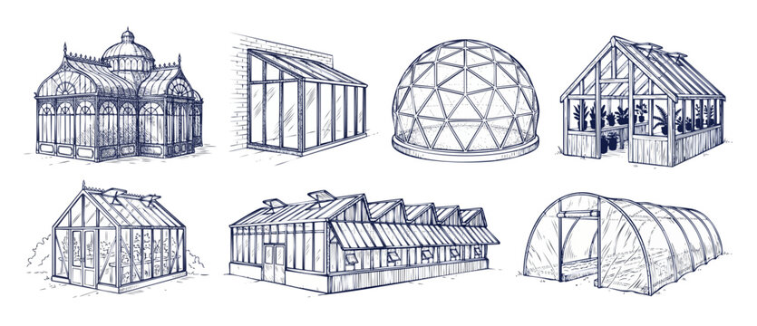Greenhouse illustration set glasshouse drawings of Victorian conservatory, geodesic dome, hoop house, garden sketches. Botanical isolated outline vector design elements for detailed gardening projects