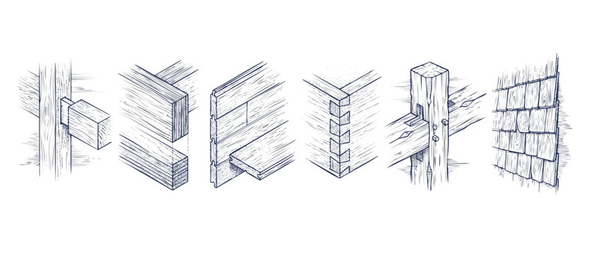Wood joints carpentry connection diagrams illustrating dovetail, mortise tenon, tongue groove, and shingle siding installation methods in a vintage blueprint sketchy engraving style for woodwork craft