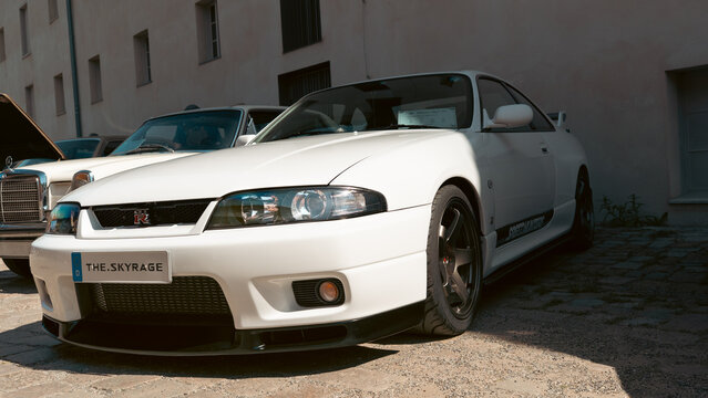 Berlin, Germany - May 3, 2026. White Nissan Skyline GT R at Oldtimer Open Air.