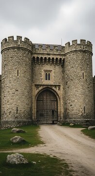 Ancient stone castle gate with ivy and overcast sky.