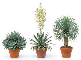 Fototapeta premium Three different decorative potted succulent plants and a tall blooming agave flower in small brown clay garden flower pots isolated on white background