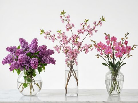 Three glass vases with beautiful pink cherry blossoms purple lilac flowers and blooming orchid branches on a simple surface isolated on white background