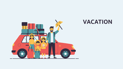 Fototapeta premium Family on road trip vacation with car and luggage excited