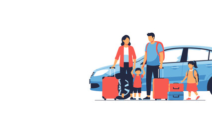 Naklejka premium Family with luggage standing next to a blue car