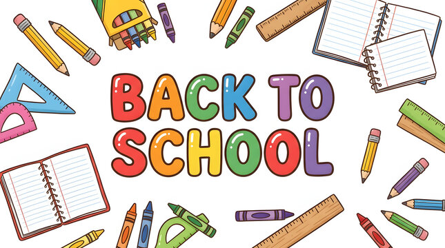 Colorful school supplies surround Back to School text on white background