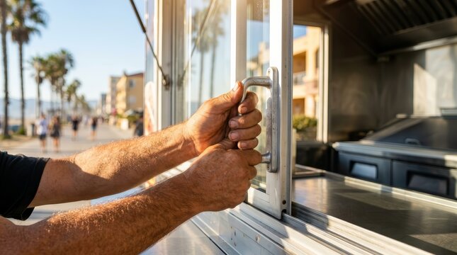 Close up of a vendor's hands operating the glass service window on a food cart