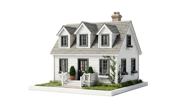 Miniature white house model with three dormer windows and a grey roof on a square patch of green grass isolated on a plain white studio background