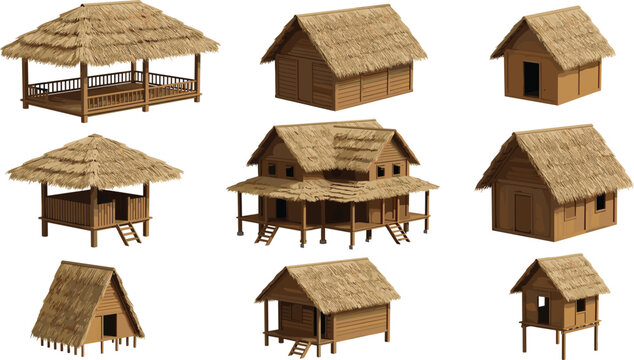 Traditional Thatched Roof Wooden Hut Vector Illustration Set Showing Rustic Bamboo Cottage And Nipa House From Different Angles And Views