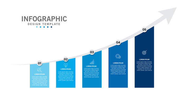 Business Growth Infographic Timeline Template with Five Step Process, Upward Arrow and Modern Blue Bar Chart